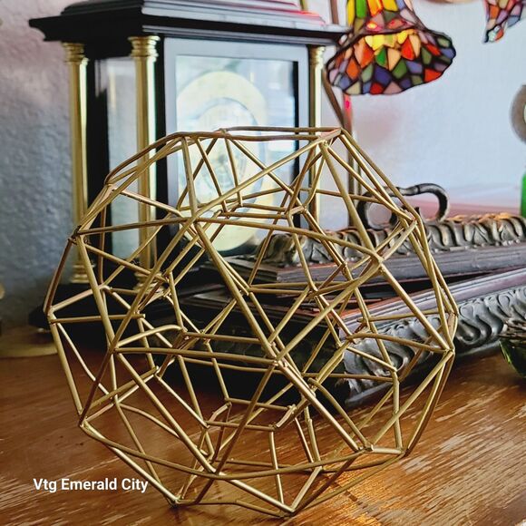 Large Geo Metal Decorative Sphere Sculpture 15” Circumference Goldtone 3D Orb - Picture 1 of 10